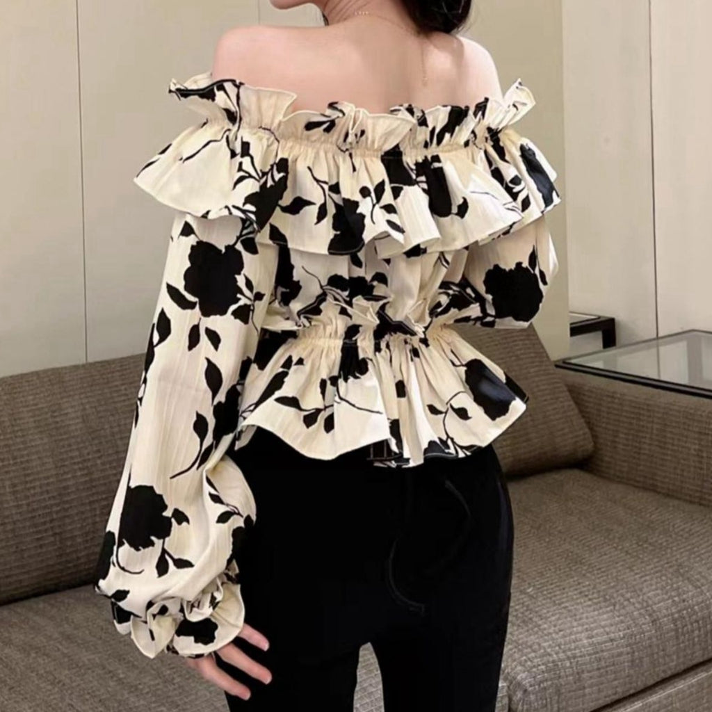 Floral Long-Sleeved Shirt Off-Shoulder Ruffled Top