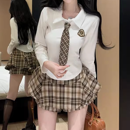 Slim Long-Sleeved T-Shirt Tie Plaid Skirt Set