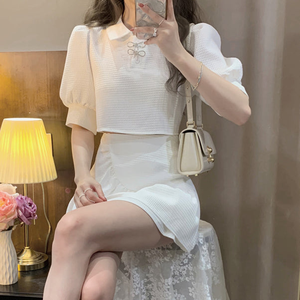 Set Short-Sleeved Top Fashionable Ruffled A-Line Skirt