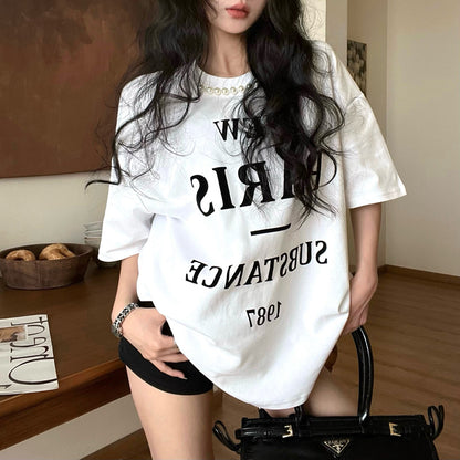 Vintage Letter Print Pearl Loose Short-Sleeved T-Shirt