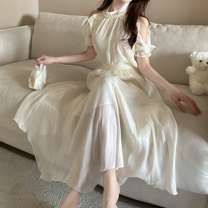 Off-Shoulder Pearl Top Chiffon High Waist Skirt Set