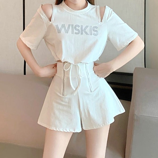 Off-The-Shoulder Zipper T-Shirt Wide-Leg Shorts Set