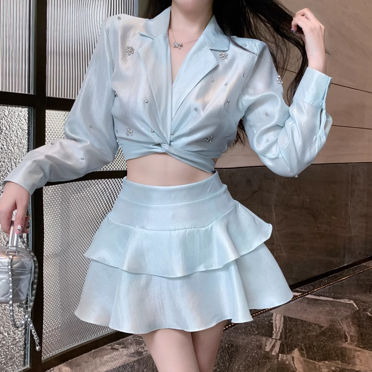 Twisted Back Tie Short Top Cake Skirt Set