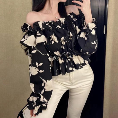 Floral Long-Sleeved Shirt Off-Shoulder Ruffled Top