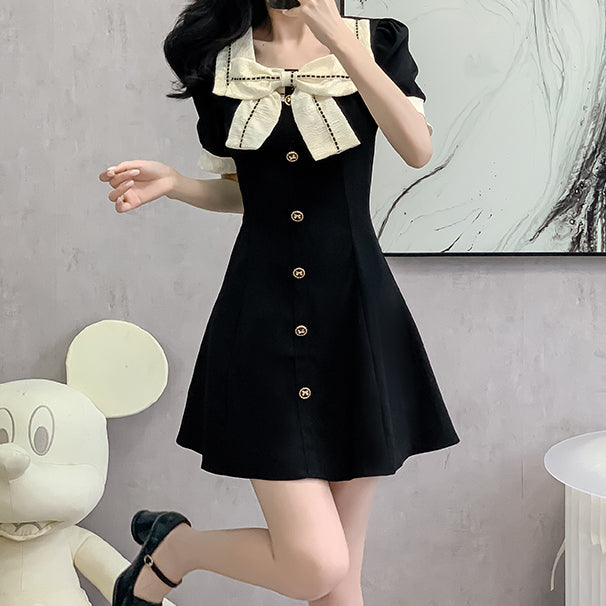 Bow Ruffled Single-Breasted Short-Sleeved Dress