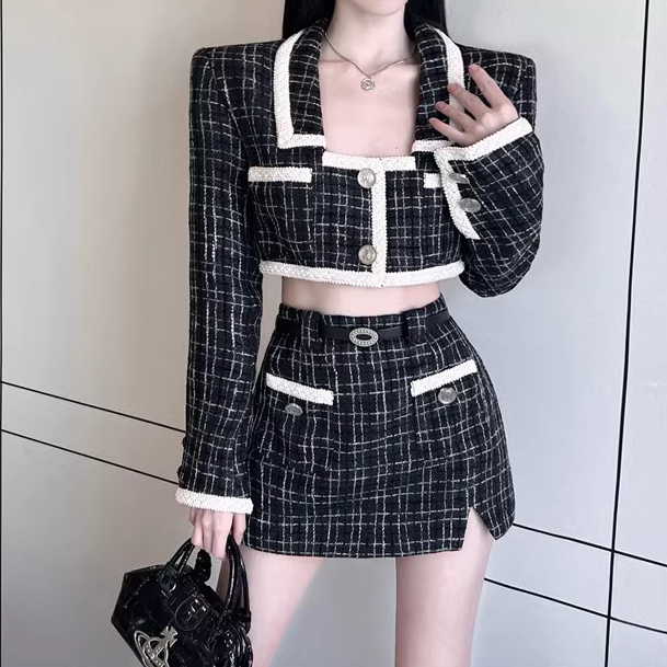 Plaid Long Sleeve Short Jacket Slit Belt Skirt Set