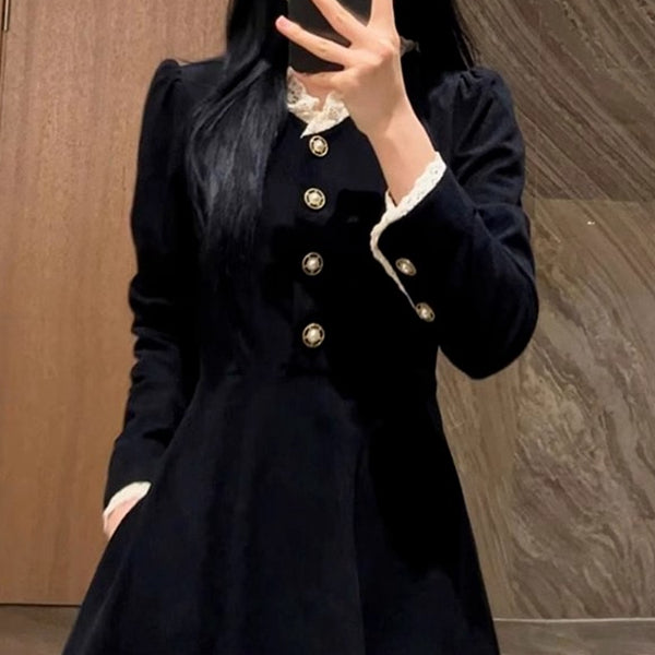 Black Inner Wear Ruffled Long-Sleeved Dress