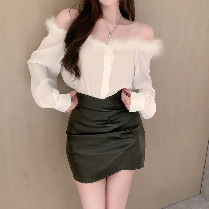 Raw Edge Long-Sleeved Shirt Leather Skirt Set