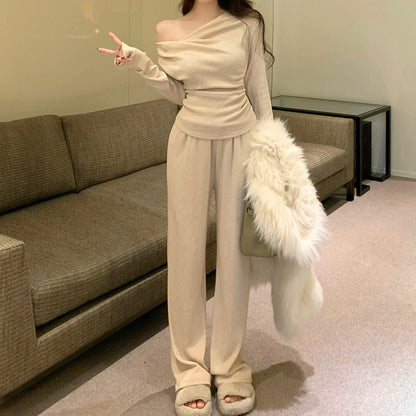 Sloping Shoulders Long-Sleeved Top Set Wide-Leg Pants