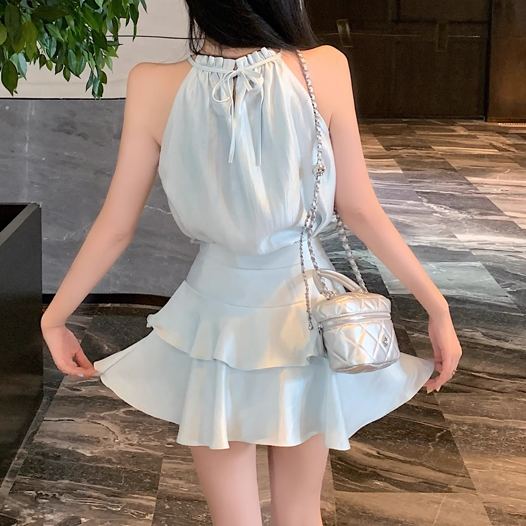 Bow Sleeveless Off-Shoulder Satin Top Cake Skirt Set