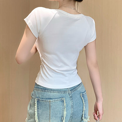 Irregular Square Neck Solid Color Slim T-Shirt