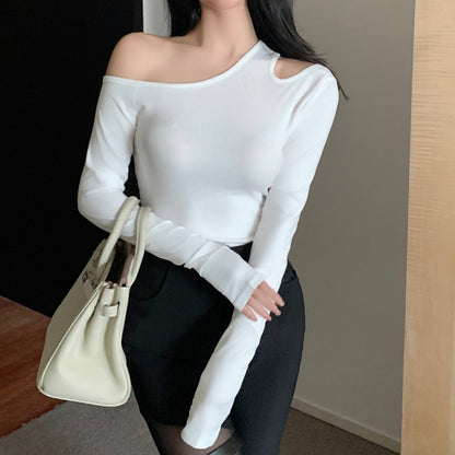 Solid Color Off-Shoulder Long-Sleeved Knitted T-Shirt Top