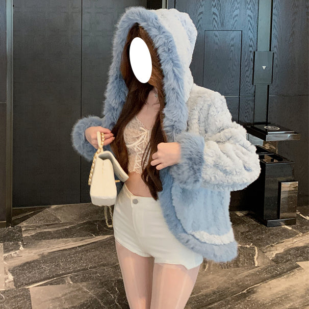 Contrast Color Stitching Long-Sleeved Top Hooded Fur Coat