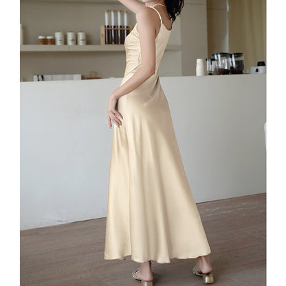 Satin High-Waist Solid Color A-Line Suspender Dress