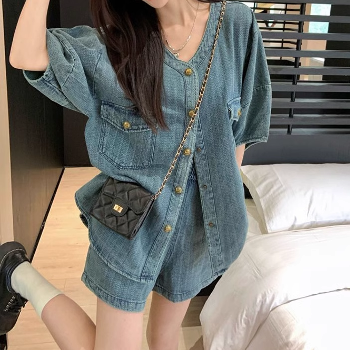 Loose V-Neck Denim Top Wide-Leg Shorts Set