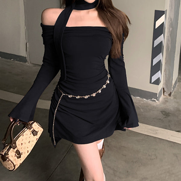 Off-Shoulder Trumpet Sleeve Solid Color Hip Dress