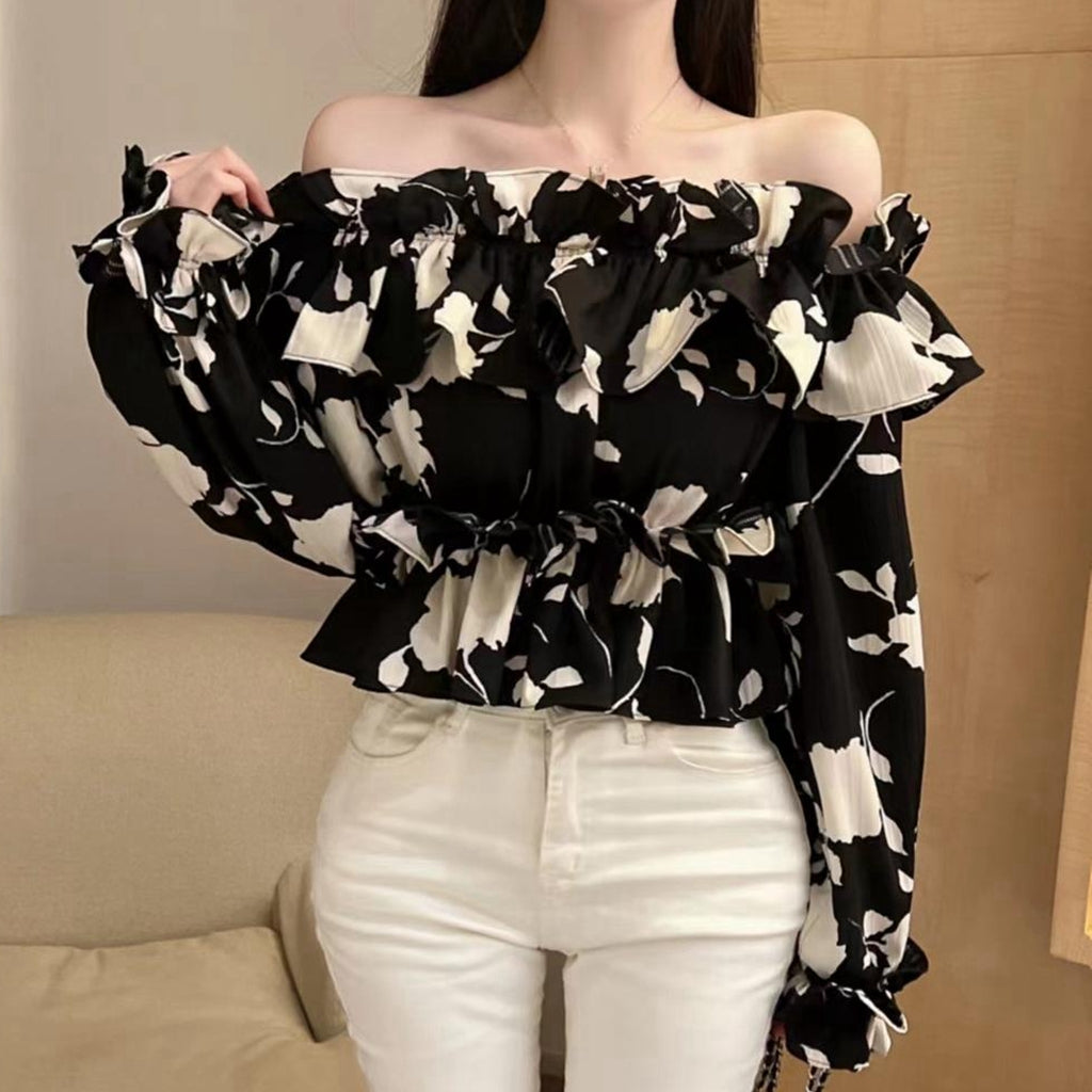 Floral Long-Sleeved Shirt Off-Shoulder Ruffled Top