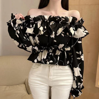 Floral Long-Sleeved Shirt Off-Shoulder Ruffled Top