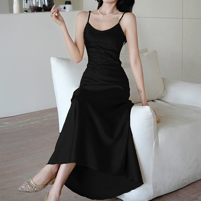 Satin High-Waist Solid Color A-Line Suspender Dress