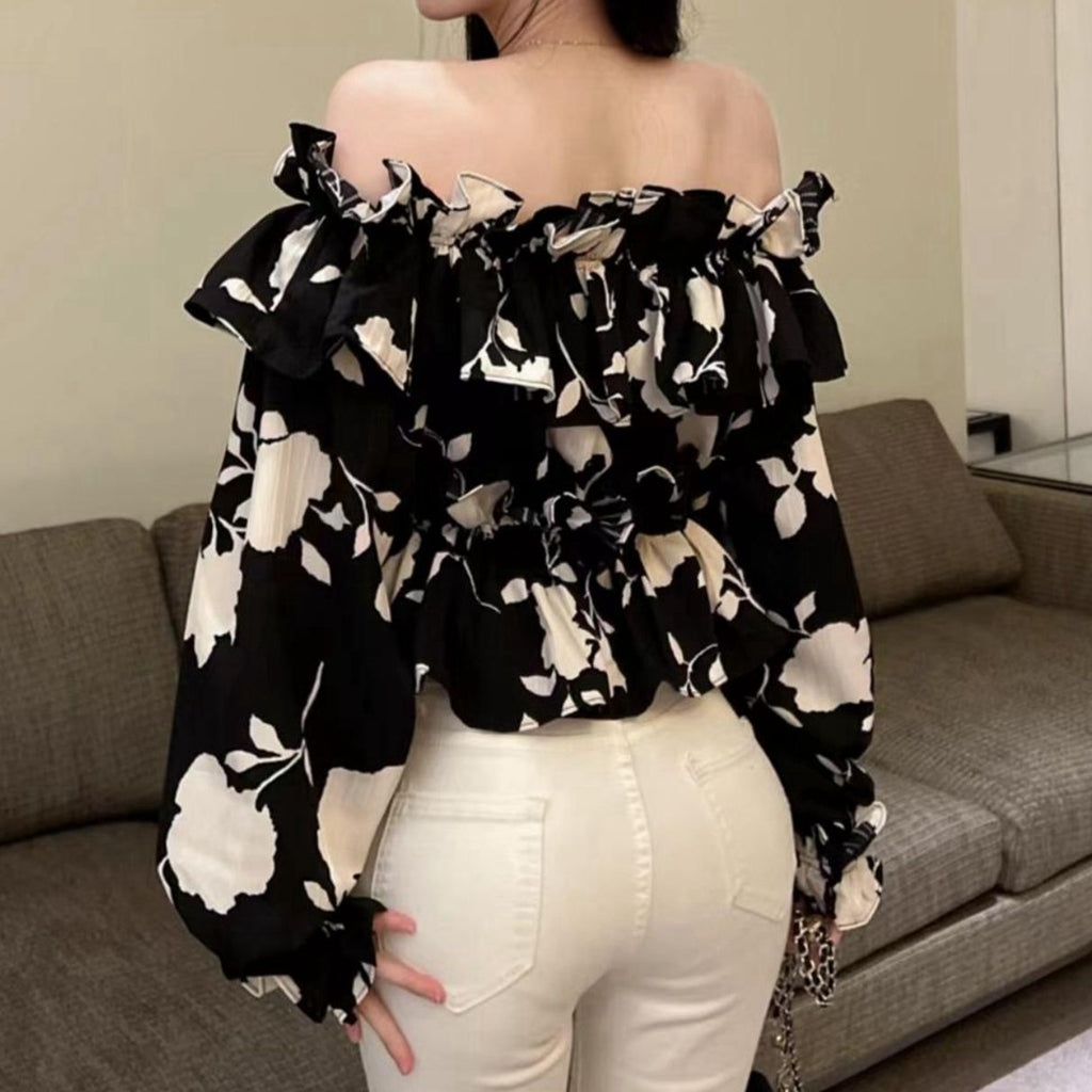 Floral Long-Sleeved Shirt Off-Shoulder Ruffled Top