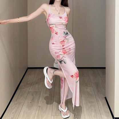 Rose Print Cami Slit Swing Collar Dress