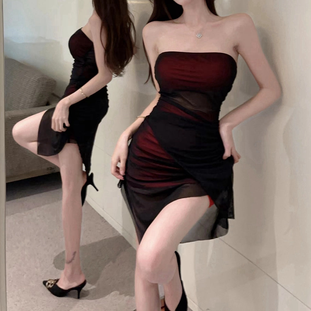 Strapless Mesh Hollow Double-Layer Breast-Wrapped Dress