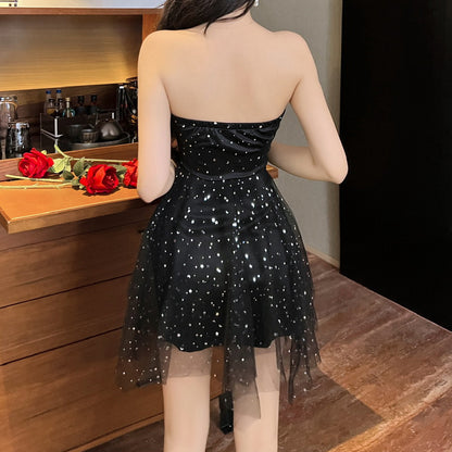 Mesh Diamond-Embellished Tube Top Puffy Dress