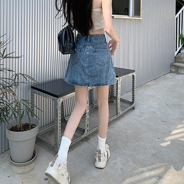 High Waist Slit A-Line Blue Denim Skirt