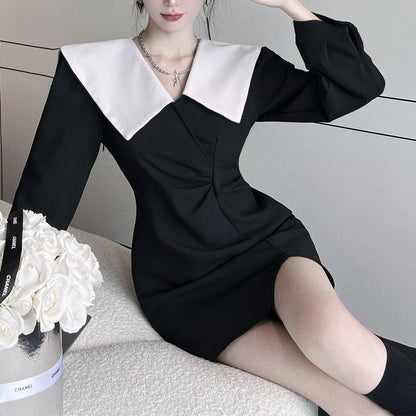 Retro Contrasting Color Lapel Pleated Waist Slimming Dress