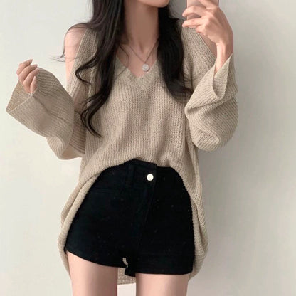 Off-Shoulder Loose V-Neck Long-Sleeved Knitted Top