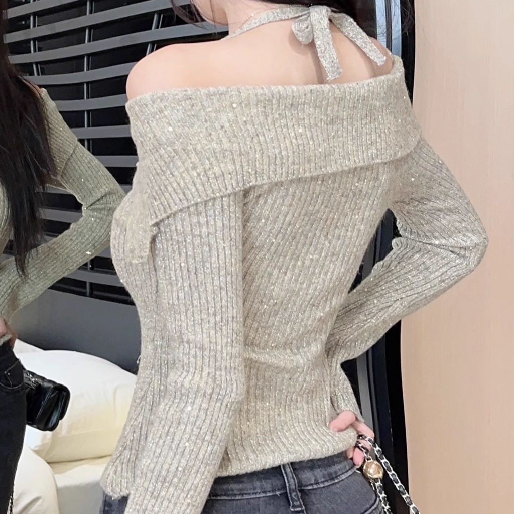 Double Zipper Slim Off-Shoulder Halter Neck Knit Top