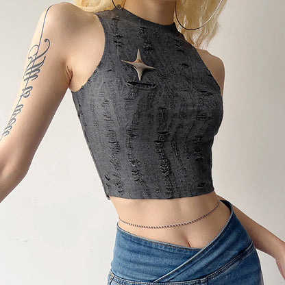 Sleeveless Scrub Crewneck Ripped Cropped Top