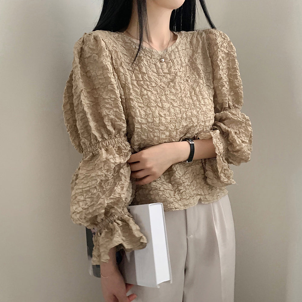 Puff Pleated Crew Neck Lantern Sleeve Shirt Top