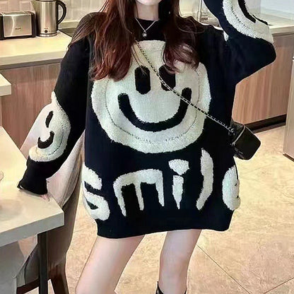 Loose Smiley Crew Neck Sweater Top