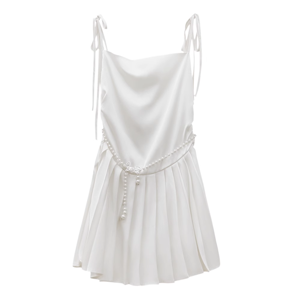 Pearl Belt Pleated Slim Slip Dress