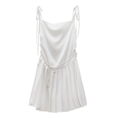 Pearl Belt Pleated Slim Slip Dress