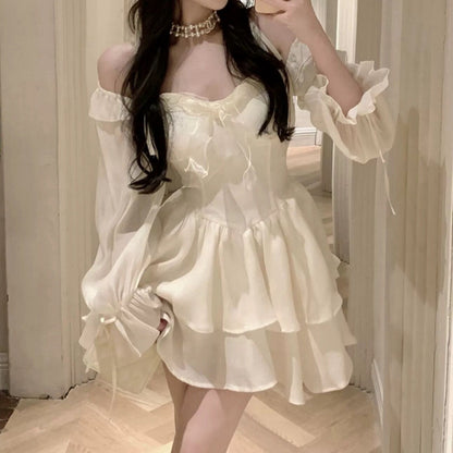 Princess Puff Long Sleeve Solid Color Tube Top Dress