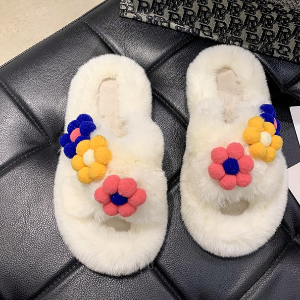 Furry For Outer Wear Shoes Flower Home Cotton Slippers