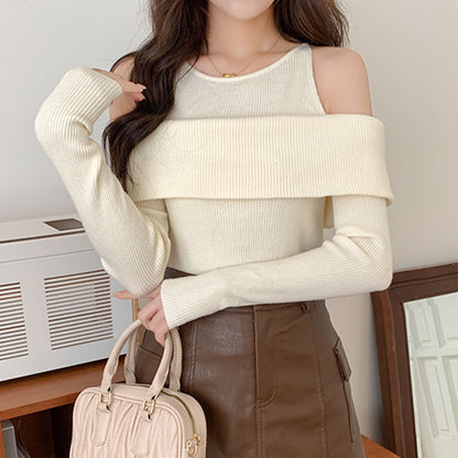 Off-Shoulder Halterneck Long-Sleeved Knitted Sweater Top