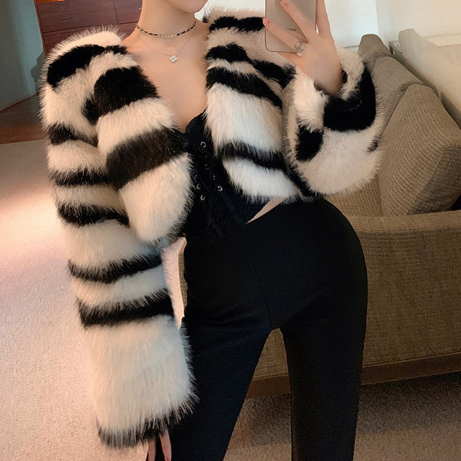 Zebra Print Fur Coat Long Sleeve Top