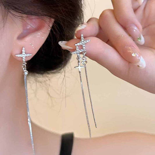 Irregular Cross Zircon Tassel Silver Needle Stud Earrings