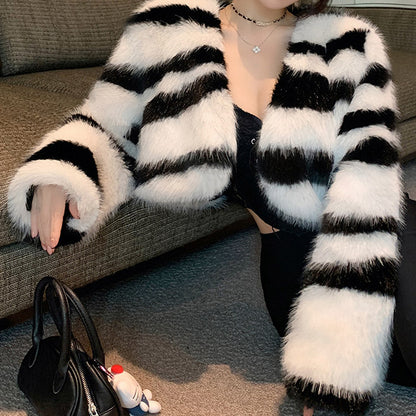 Zebra Print Fur Coat Long Sleeve Top