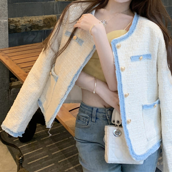 Denim Splicing Coat High-End Tweed Long Sleeve Top