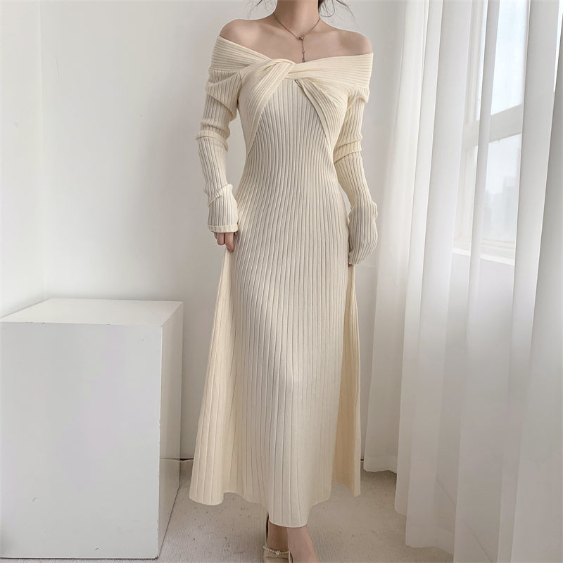 Braided Off-The-Shoulder High-Waist Knitted Dress