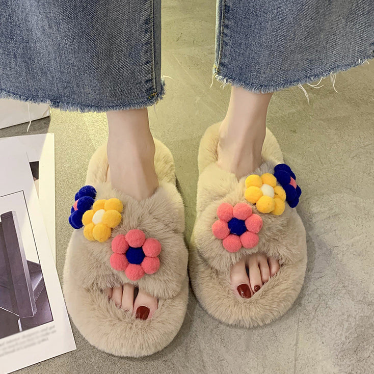 Furry For Outer Wear Shoes Flower Home Cotton Slippers