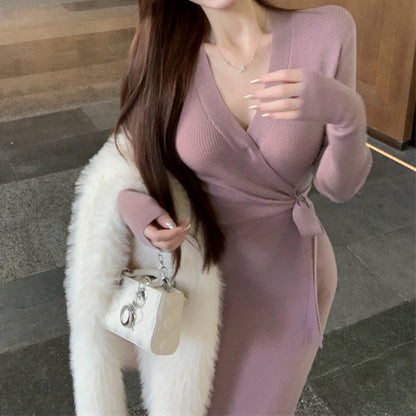 V-Neck Lace Solid Color Long-Sleeved Knitted Dress