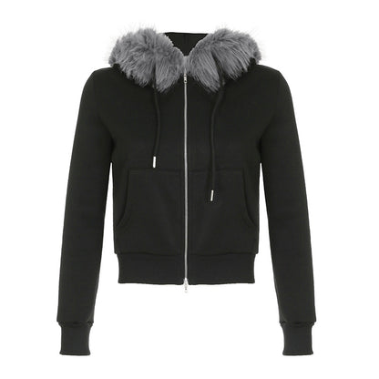 Furry Hooded Warm Zippered Short Jacket Top