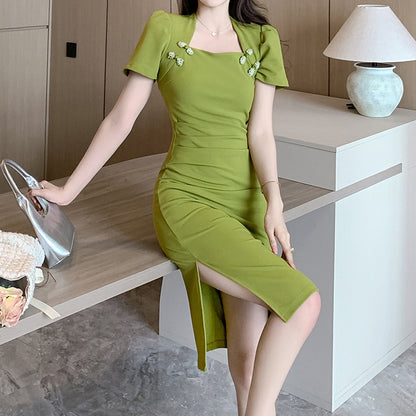 Retro Solid Color Cheongsam Square Neck Wrap Hip Dress