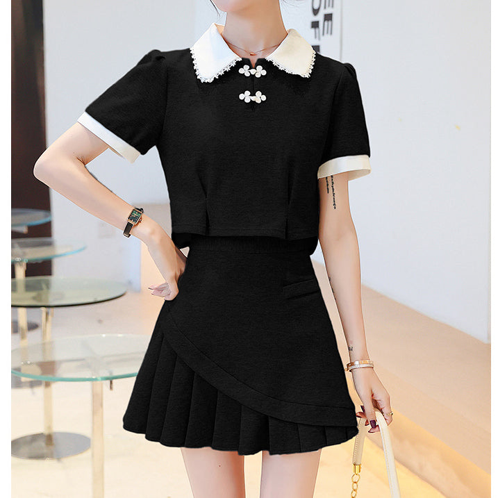 Back Bow Doll Collar Top Pleated Skirt Set