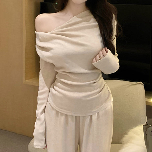 Sloping Shoulders Long-Sleeved Top Set Wide-Leg Pants